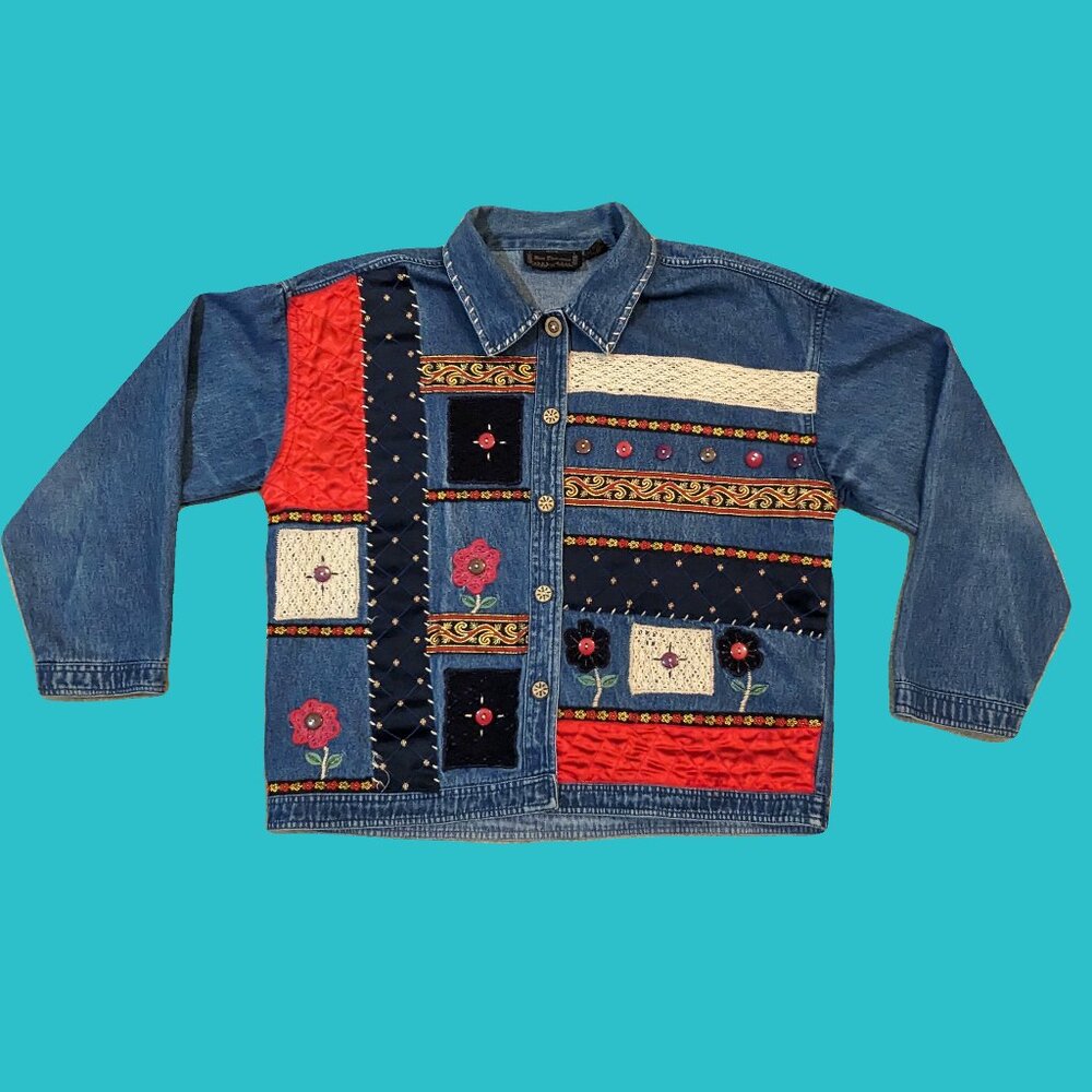 New Directions Vintage Textured Patchwork Denim Jacket Size L Preowned - Picture 3 of 6